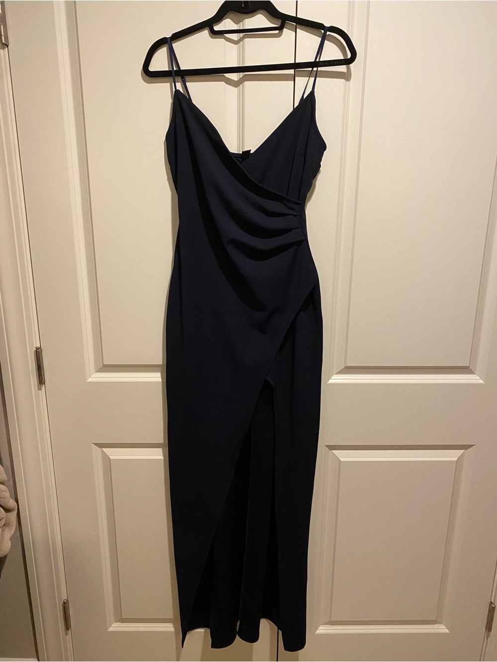 Windsor Navy Draped Evening Gown with  Side Slit